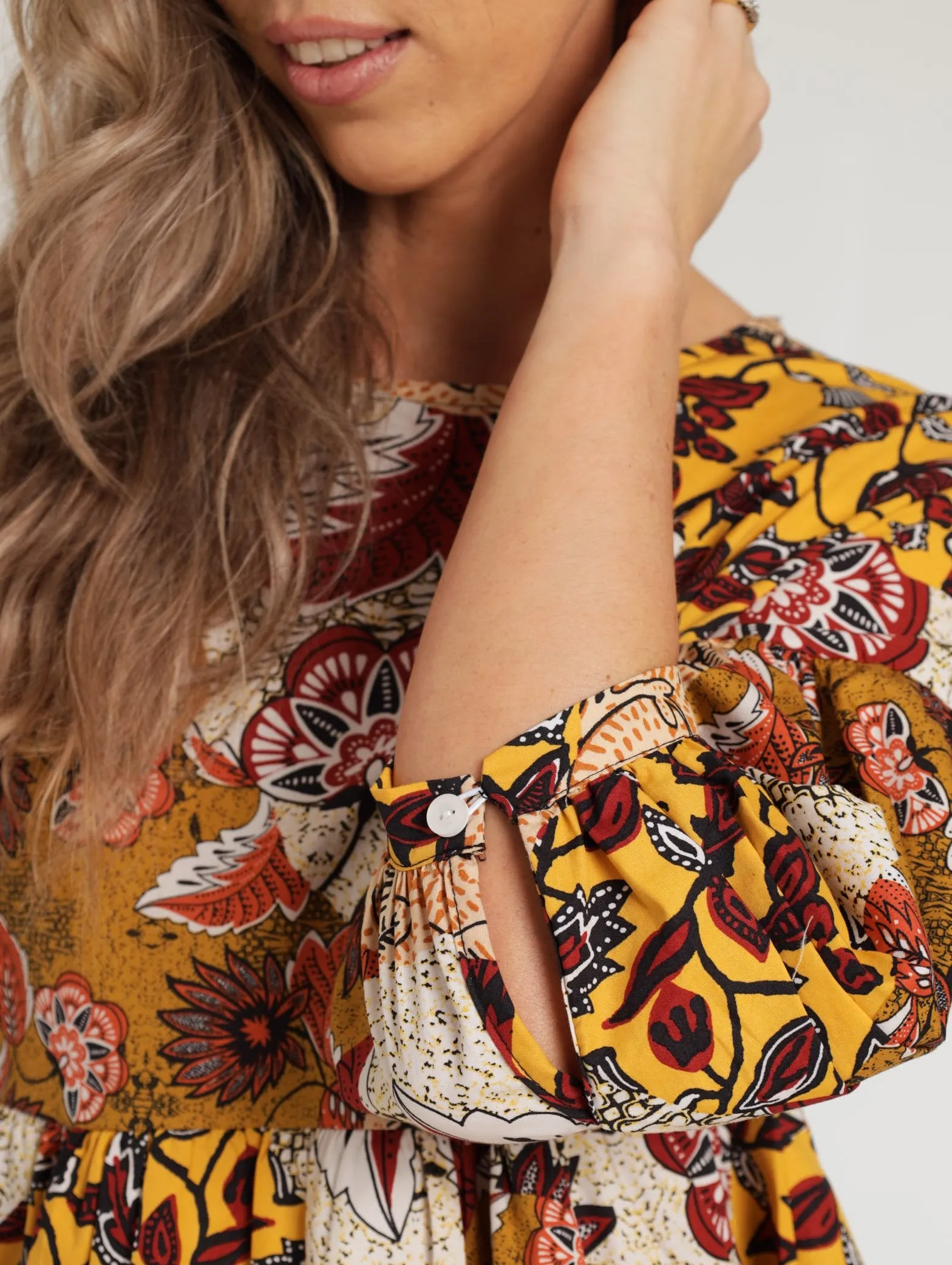 Ladies 3/4 Sleeve Poplin Peplum Bubble Blouse - Ochre