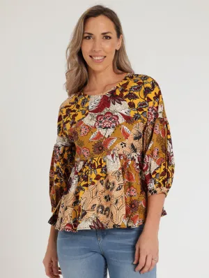 Ladies 3/4 Sleeve Poplin Peplum Bubble Blouse - Ochre
