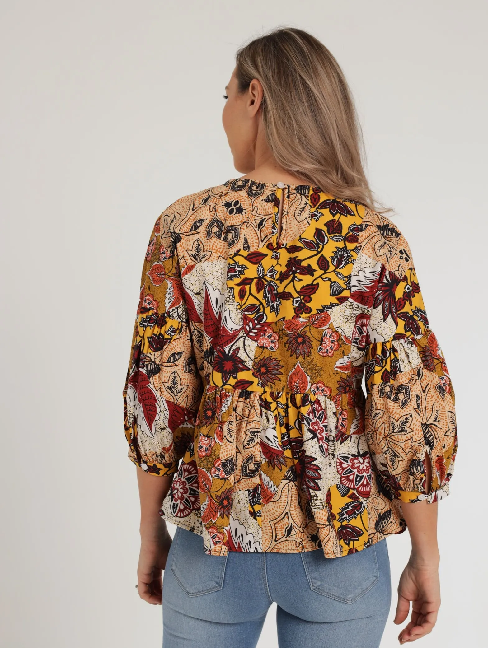 Ladies 3/4 Sleeve Poplin Peplum Bubble Blouse - Ochre