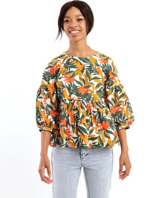 Ladies 3/4 Sleeve Poplin Peplum Bubble Sleeve Blouse - Tangerine
