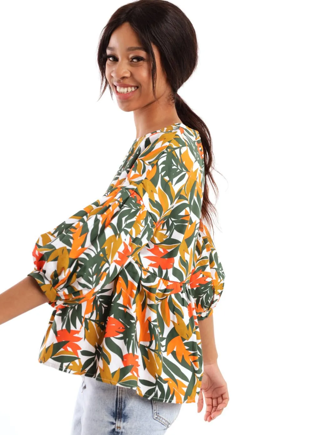 Ladies 3/4 Sleeve Poplin Peplum Bubble Sleeve Blouse - Tangerine