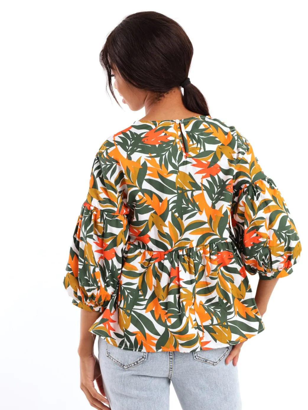 Ladies 3/4 Sleeve Poplin Peplum Bubble Sleeve Blouse - Tangerine