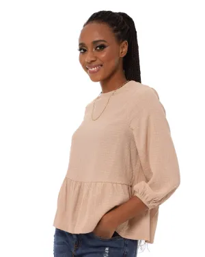 Ladies 3/4 Sleeve Textured Peplum Blouse - Stone