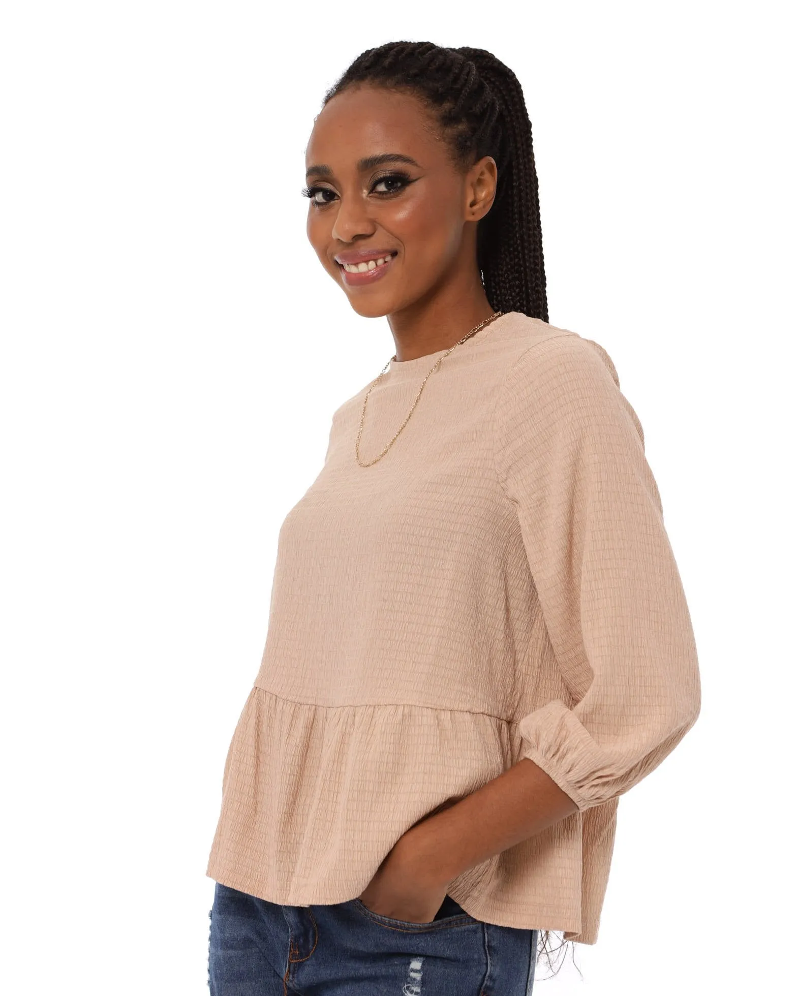 Ladies 3/4 Sleeve Textured Peplum Blouse - Stone