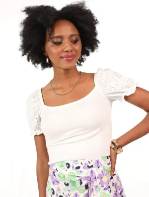Ladies Anglaise Puff Sleeve Top - White