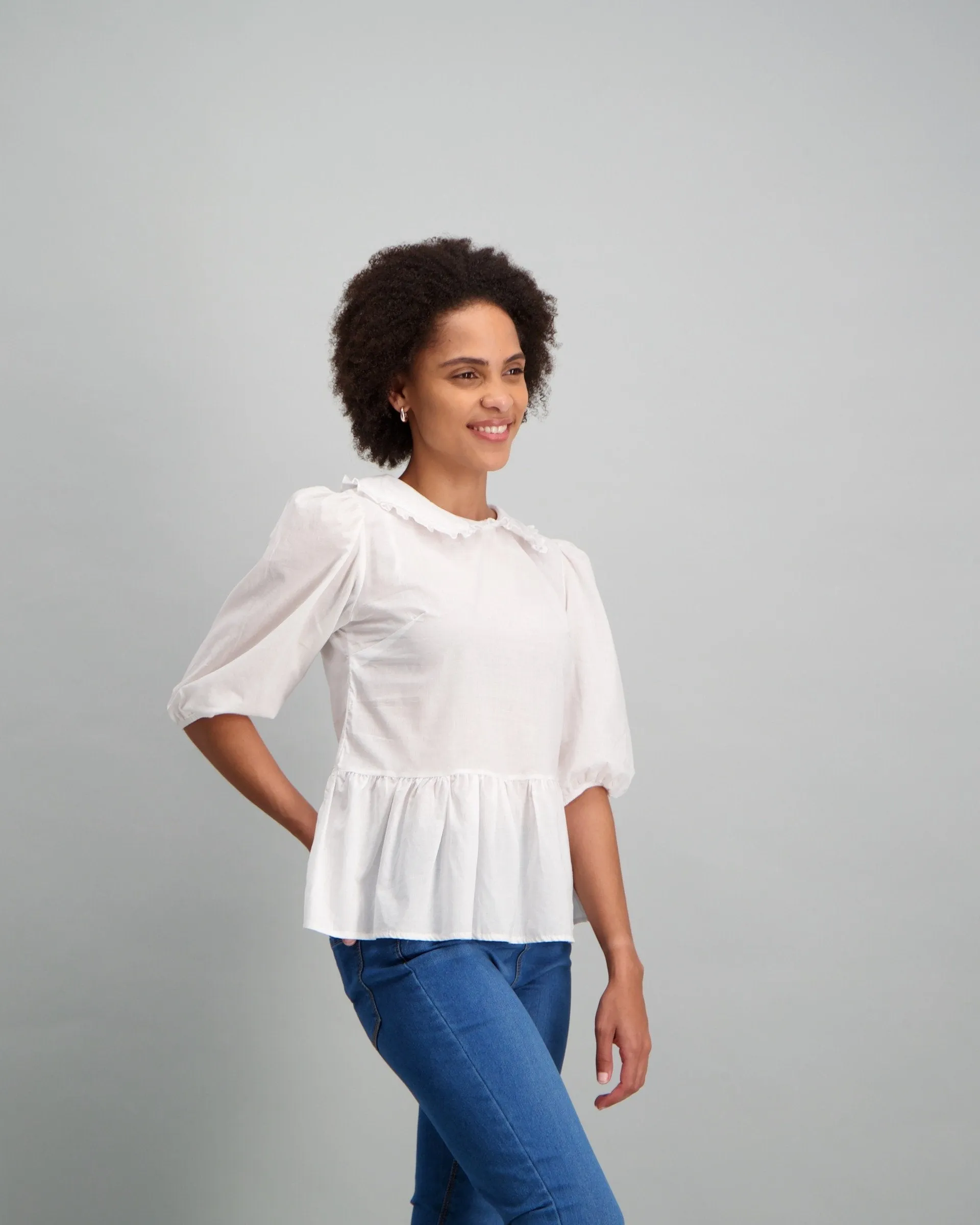 Ladies Collared Peplum 3/4 Sleeve Blouse - White