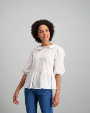 Ladies Collared Peplum 3/4 Sleeve Blouse - White