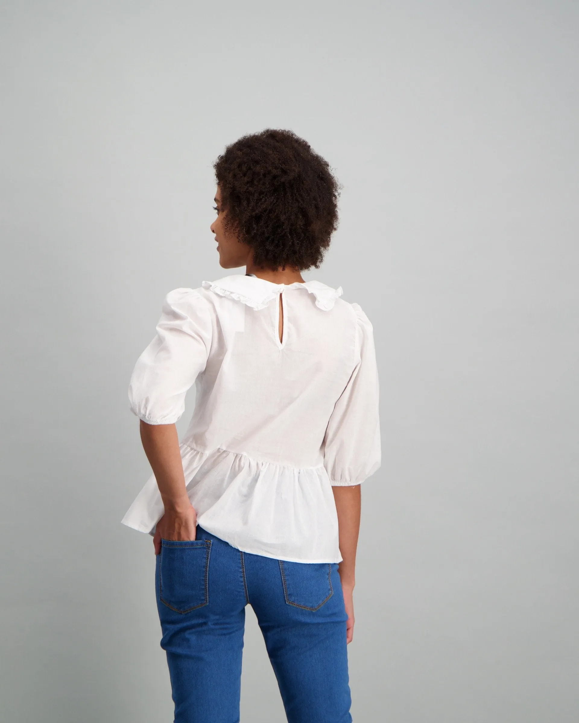 Ladies Collared Peplum 3/4 Sleeve Blouse - White