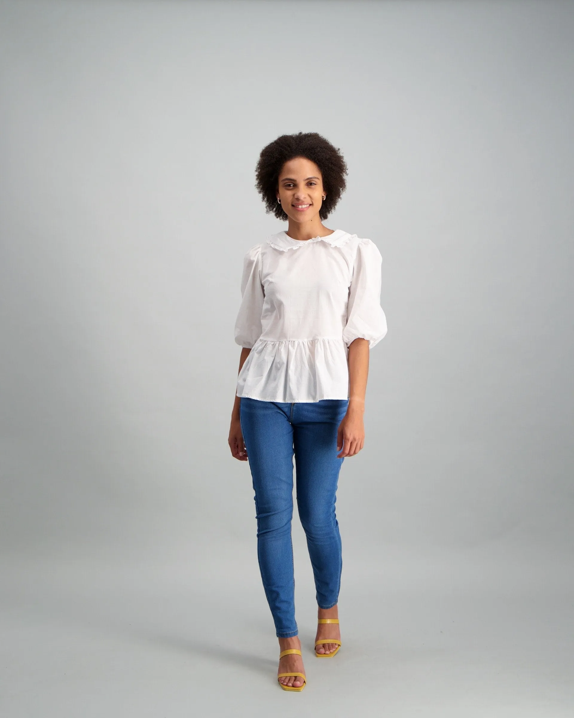 Ladies Collared Peplum 3/4 Sleeve Blouse - White