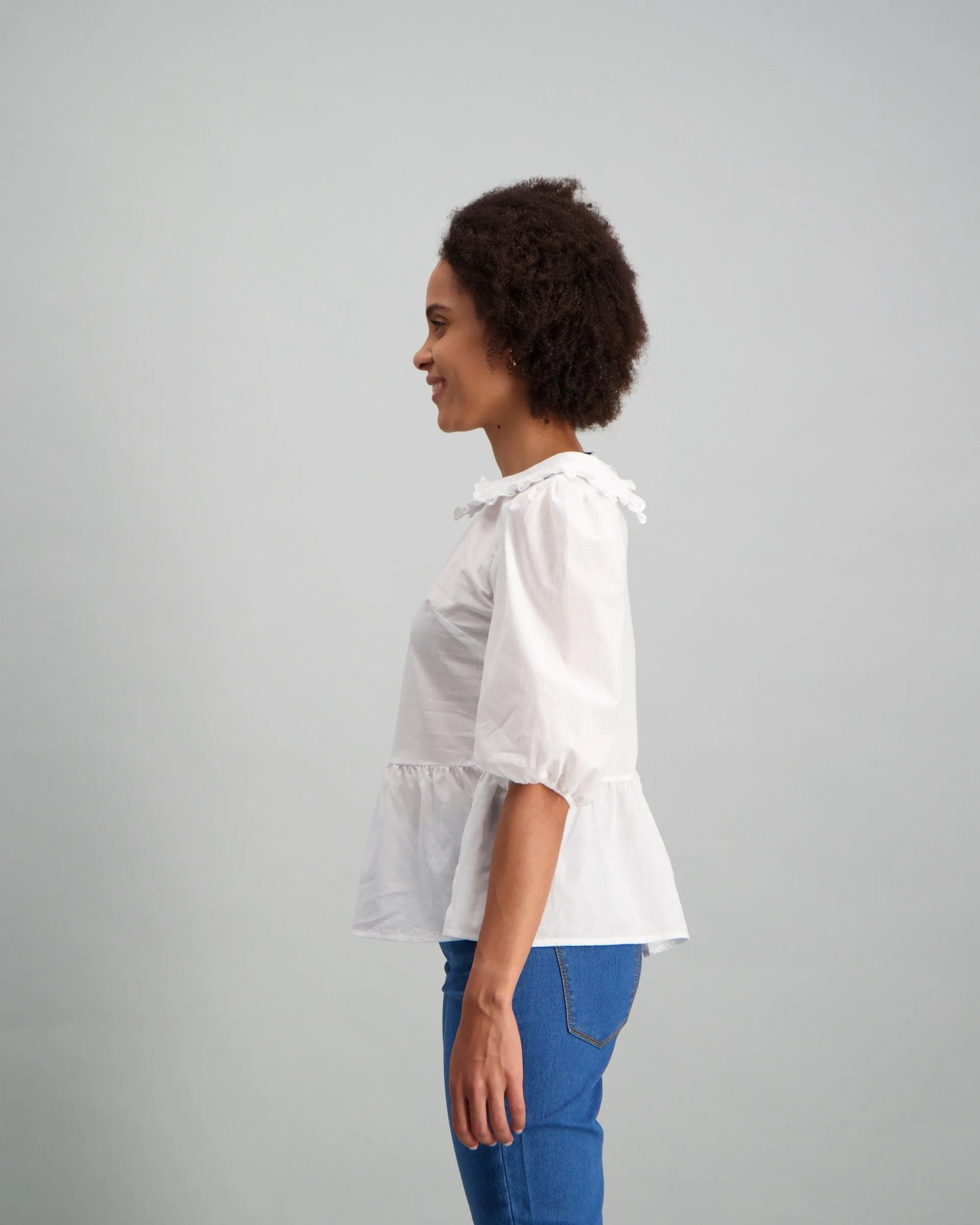 Ladies Collared Peplum 3/4 Sleeve Blouse - White