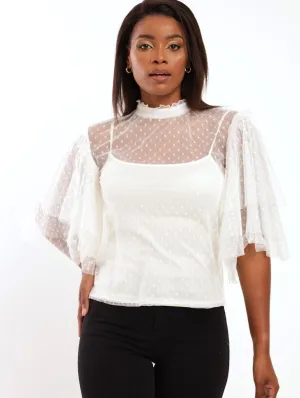 Ladies Dobby Mesh Frill Peplum Blouse - Milk