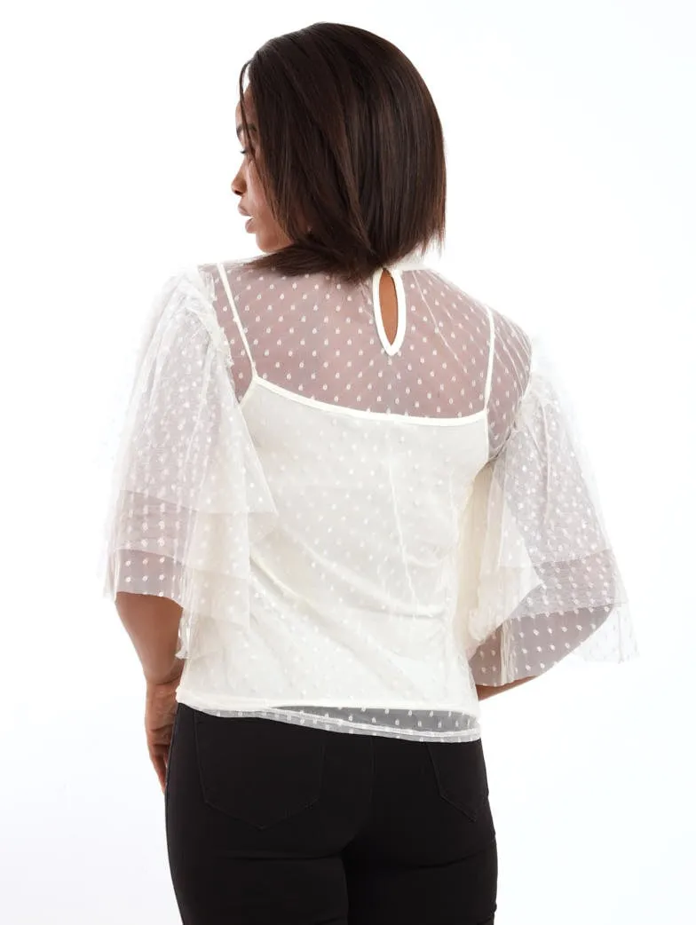 Ladies Dobby Mesh Frill Peplum Blouse - Milk