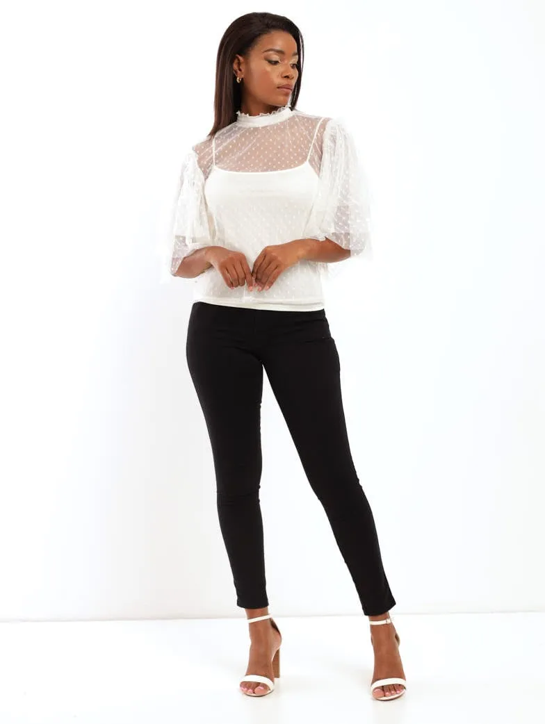 Ladies Dobby Mesh Frill Peplum Blouse - Milk
