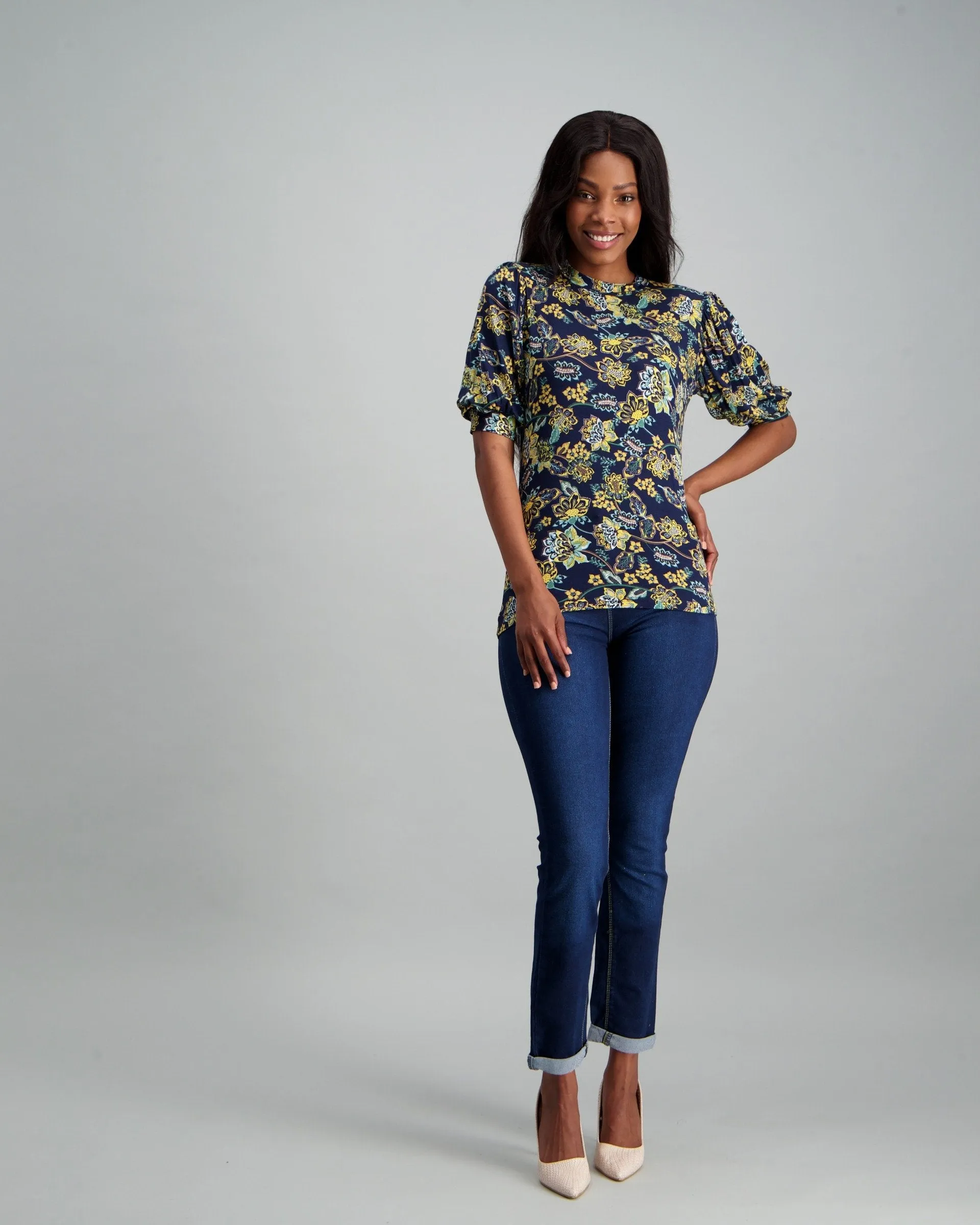 Ladies Paisley Floral Puff Sleeve Top - Multi