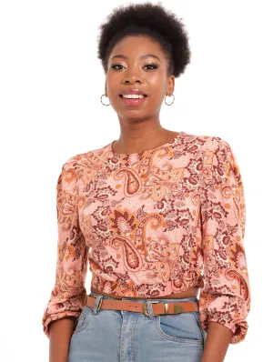 Ladies Paisly Elasticated Puff Sleeve Blouse