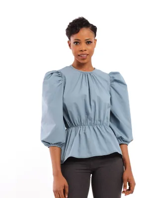 Ladies Peplum Poplin Blouse - Blue