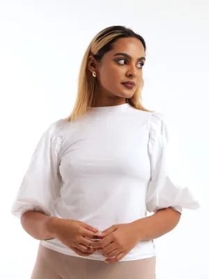 Ladies Poplin Puff Sleeve Top - White