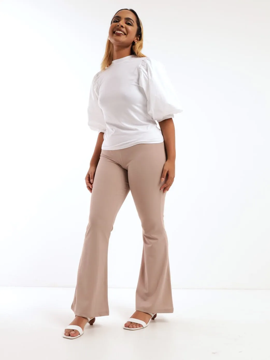 Ladies Poplin Puff Sleeve Top - White