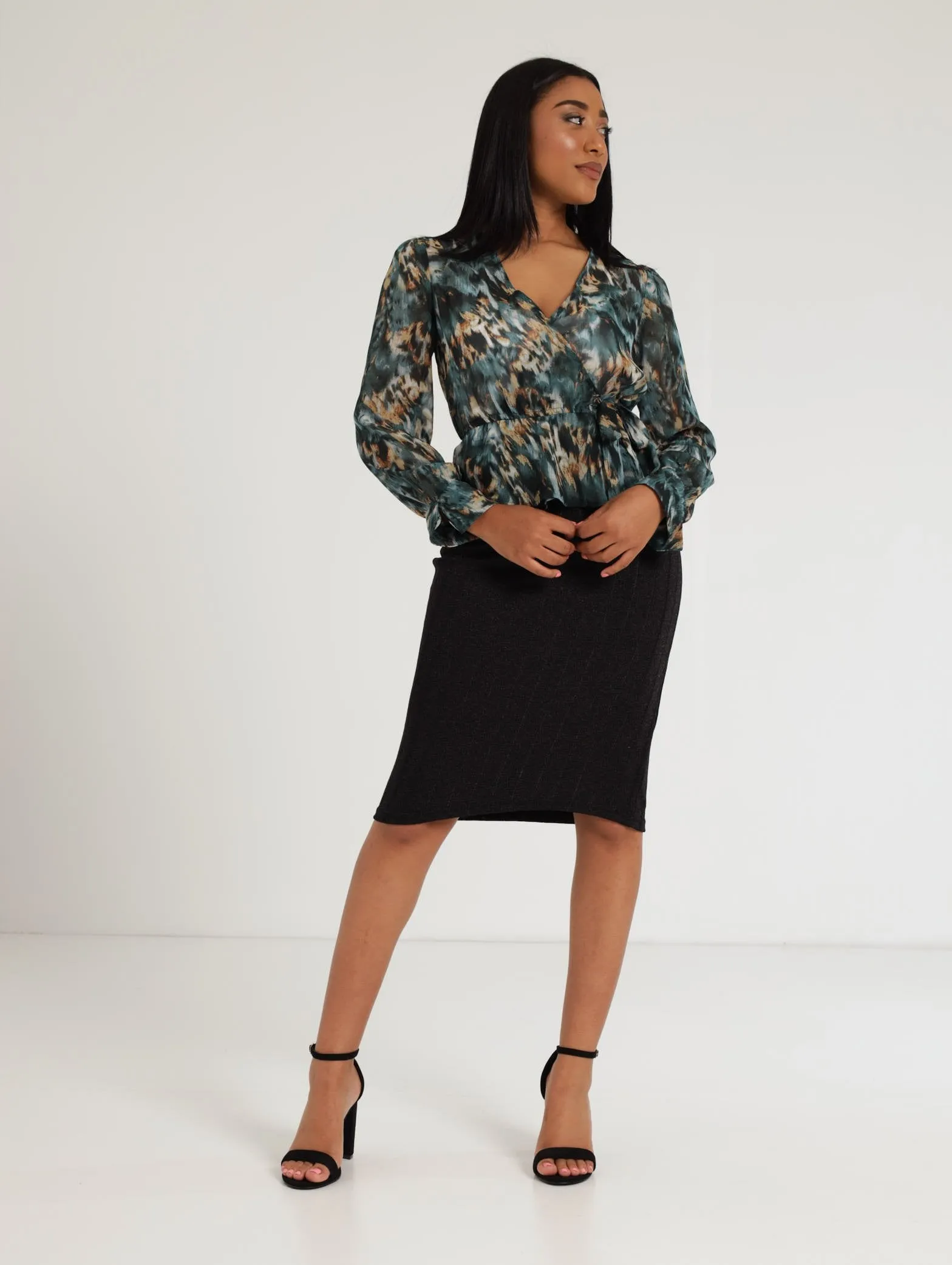 Ladies Printed Chiffon Wrap Elasticated  Peplum Top - Teal