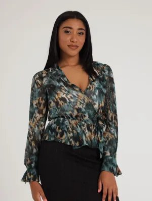 Ladies Printed Chiffon Wrap Elasticated  Peplum Top - Teal