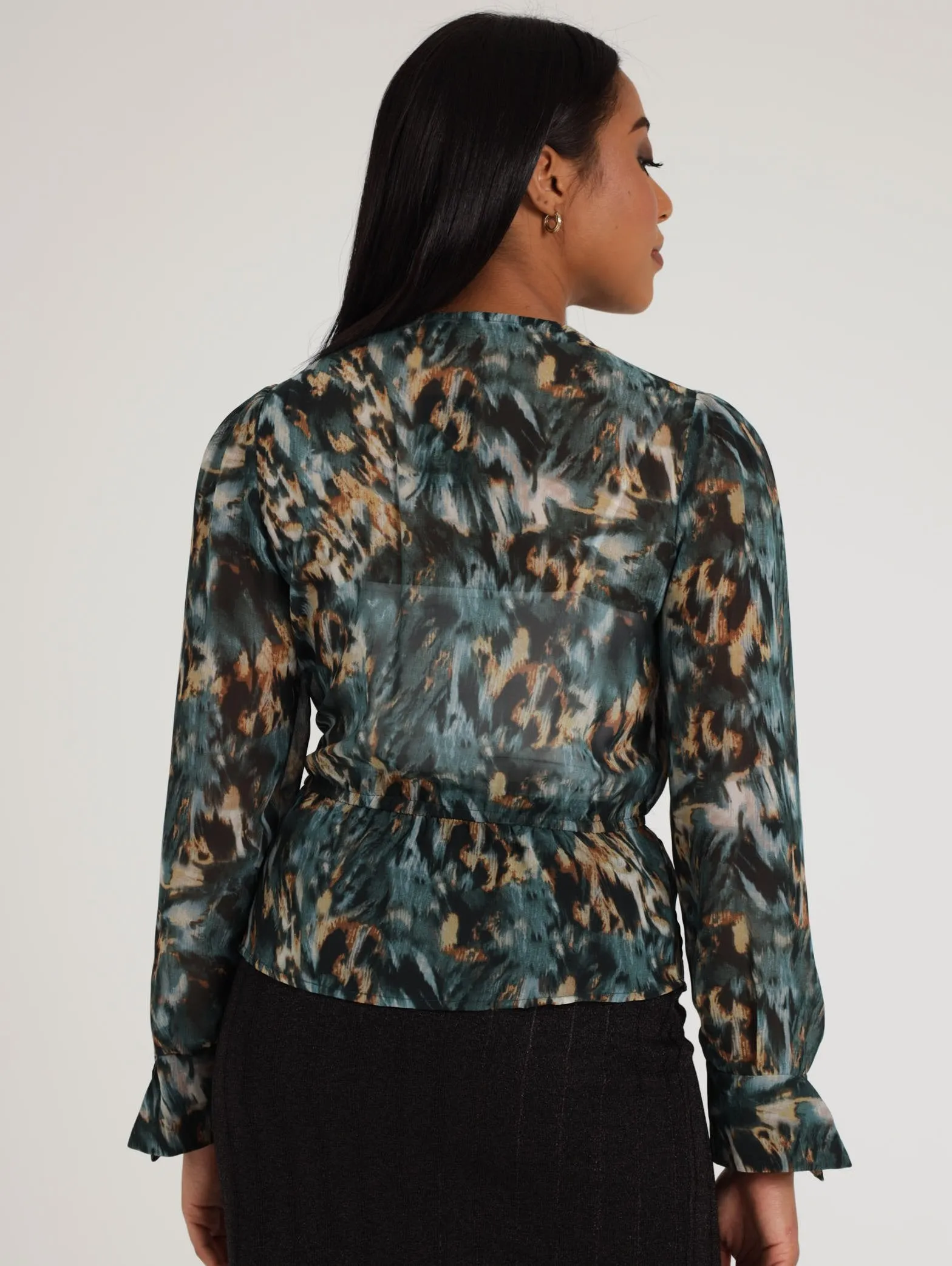 Ladies Printed Chiffon Wrap Elasticated  Peplum Top - Teal