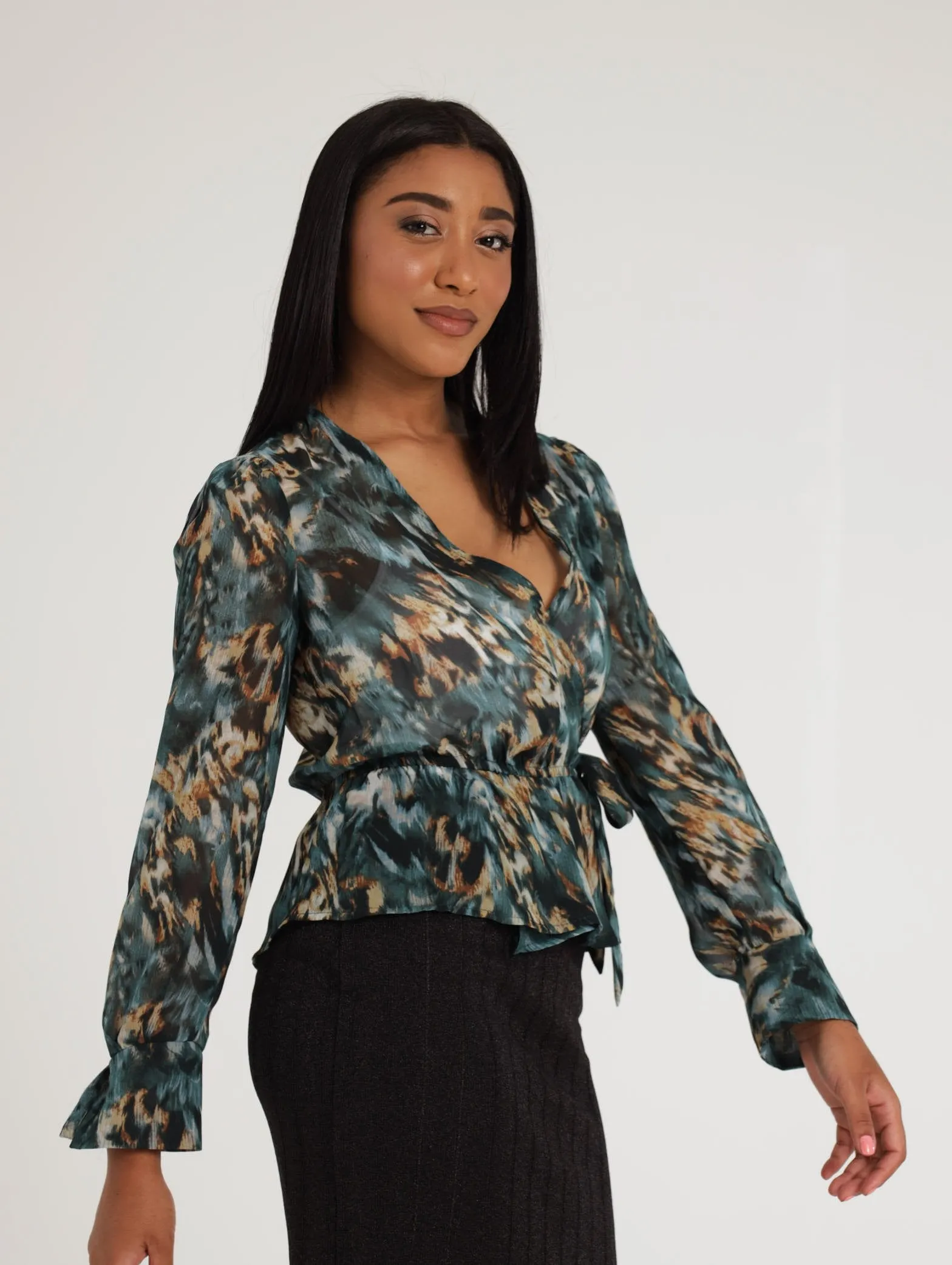 Ladies Printed Chiffon Wrap Elasticated  Peplum Top - Teal