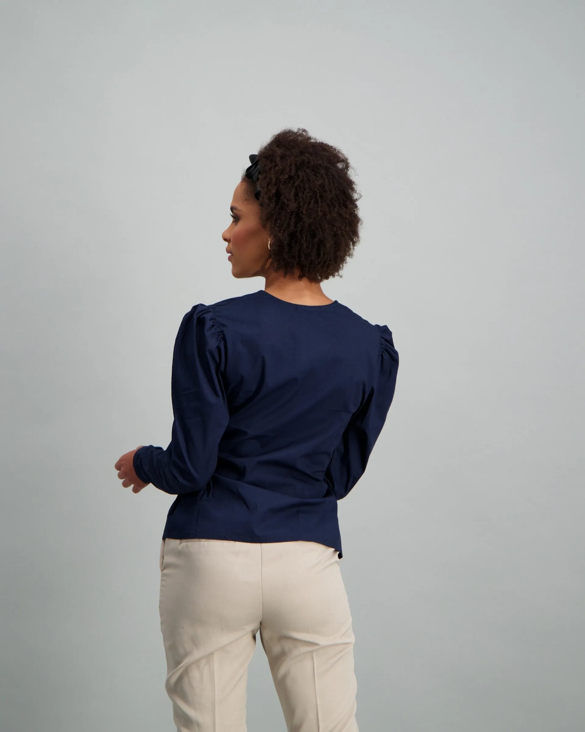 Ladies-Puff Sleeve Poplin Wrap Blouse Navy