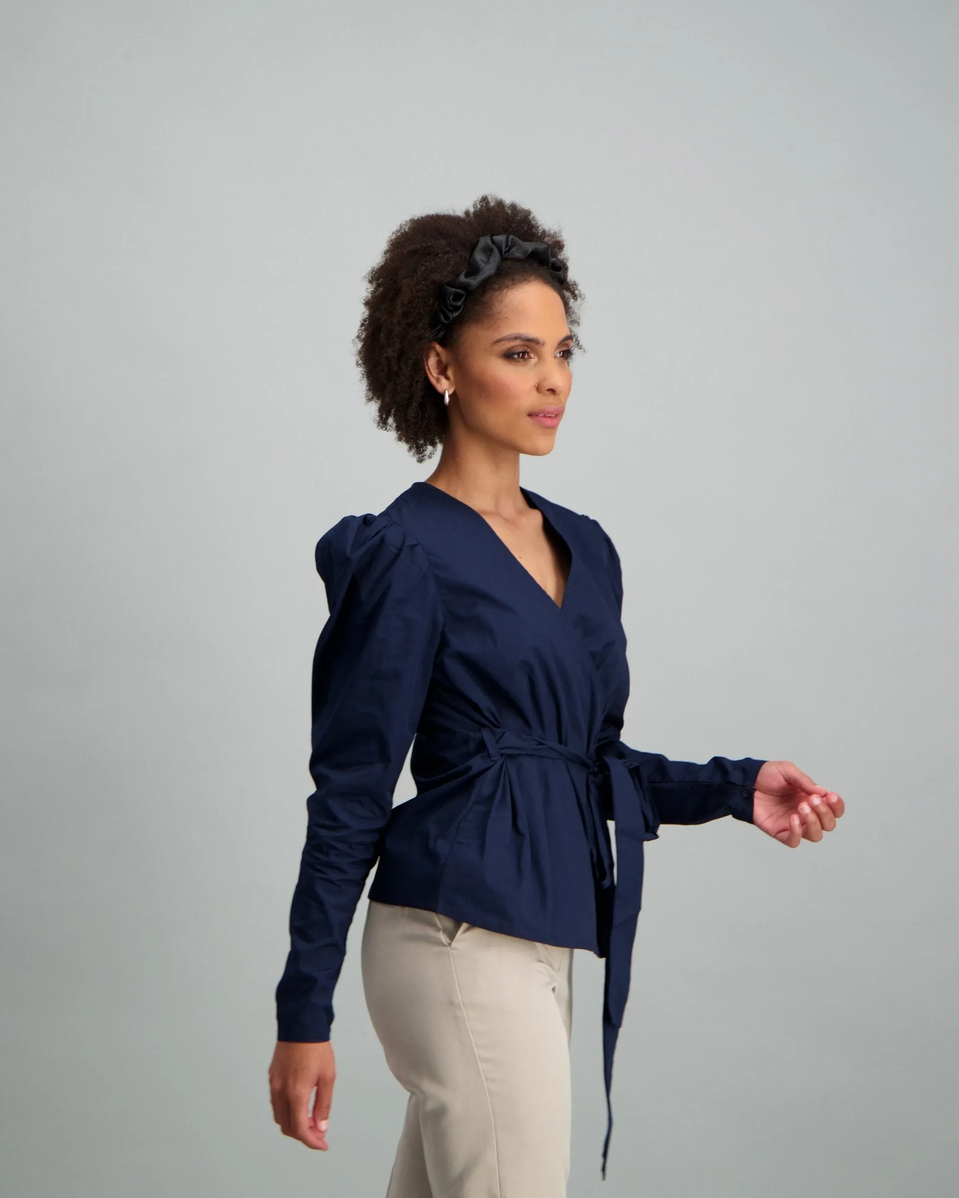 Ladies-Puff Sleeve Poplin Wrap Blouse Navy