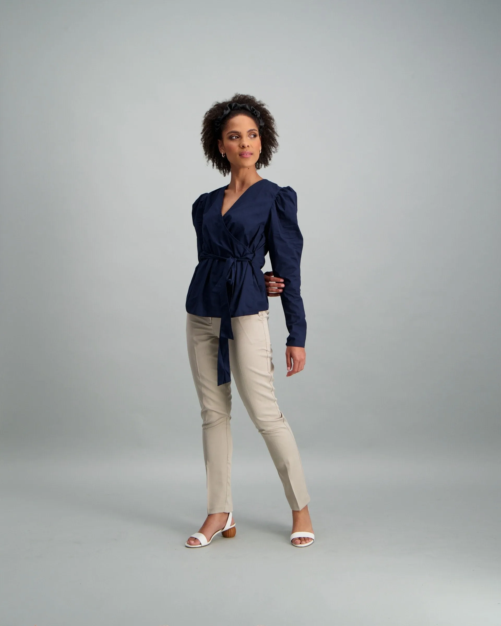 Ladies-Puff Sleeve Poplin Wrap Blouse Navy