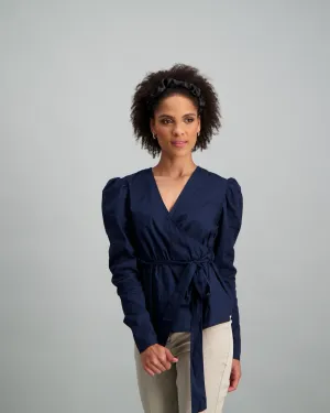 Ladies-Puff Sleeve Poplin Wrap Blouse Navy