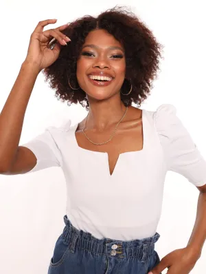 Ladies Puff Sleeve V Prong Top - White