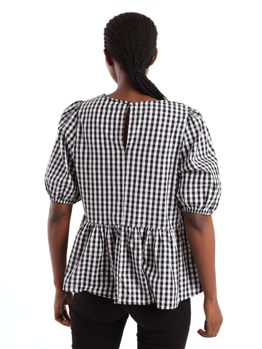 Ladies Short Sleeve Gingham Seersucker Peplum Blouse - Black/White