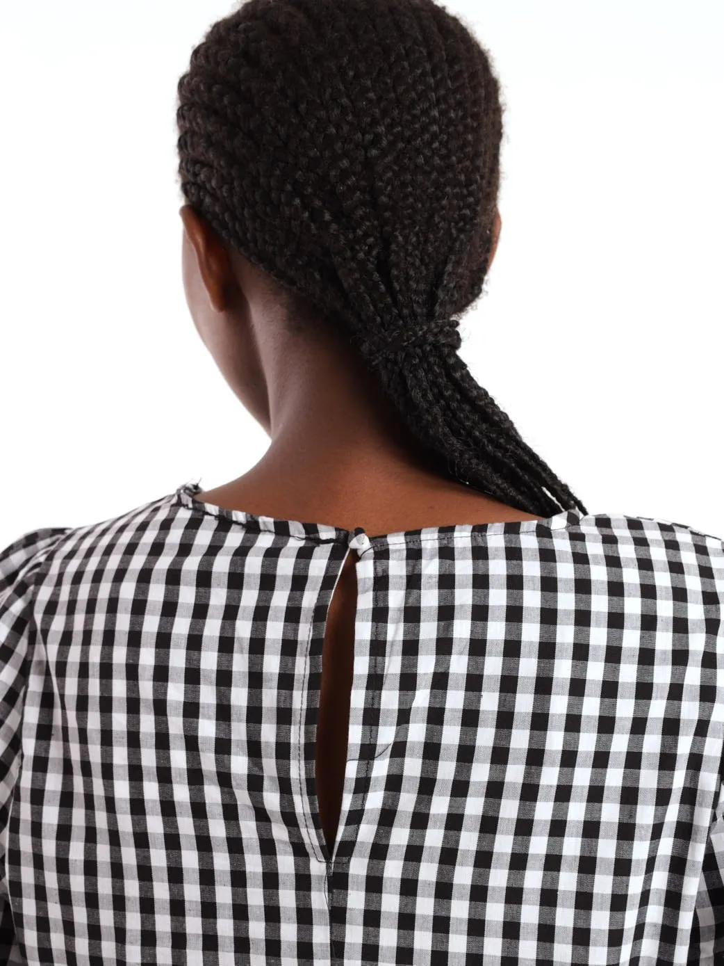 Ladies Short Sleeve Gingham Seersucker Peplum Blouse - Black/White