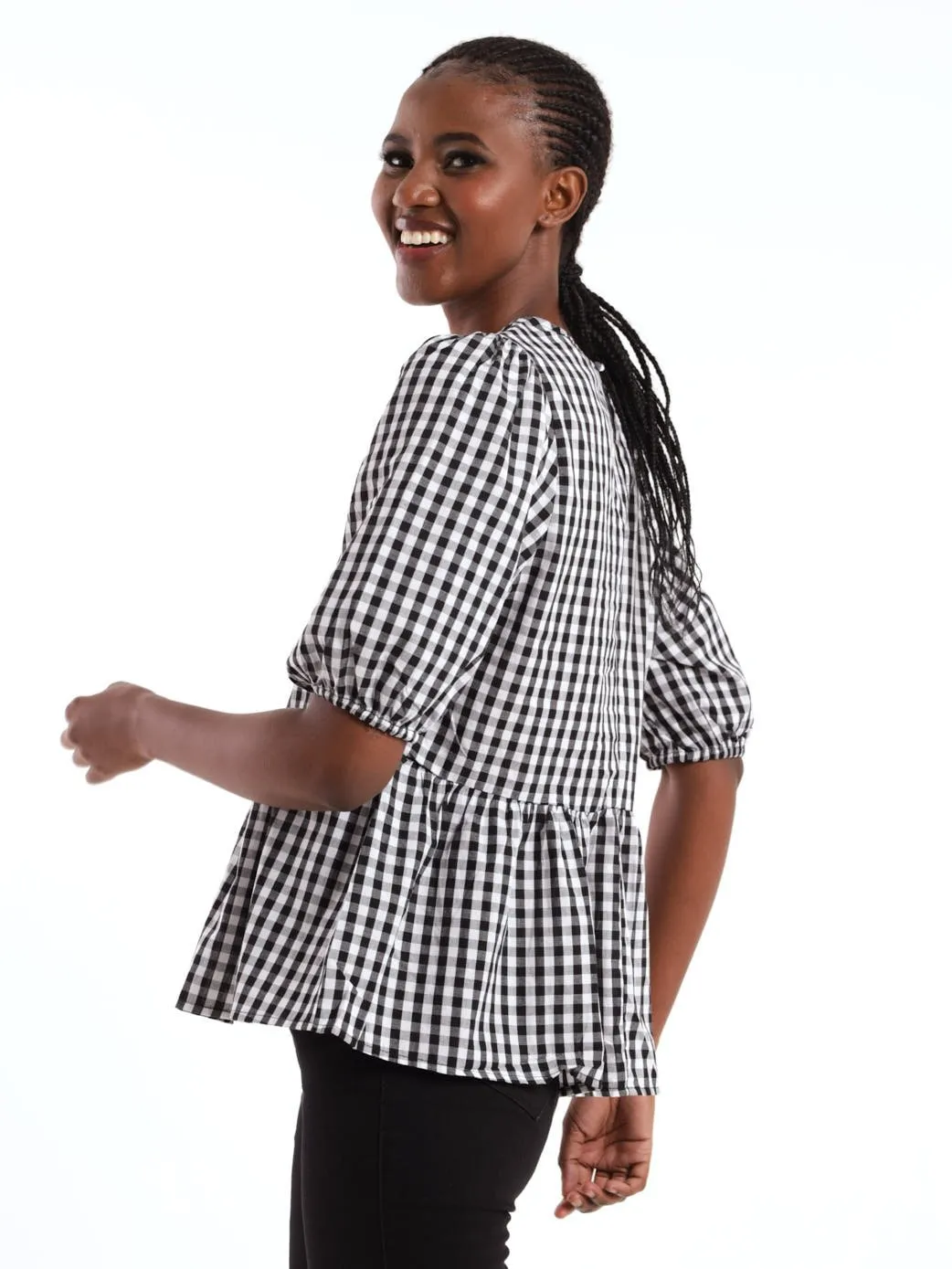 Ladies Short Sleeve Gingham Seersucker Peplum Blouse - Black/White