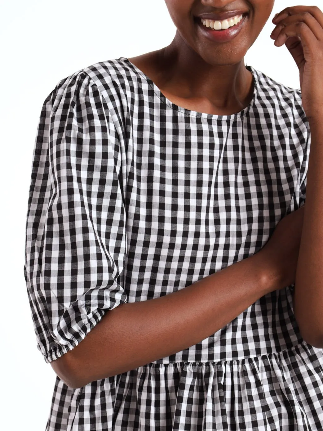 Ladies Short Sleeve Gingham Seersucker Peplum Blouse - Black/White