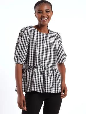 Ladies Short Sleeve Gingham Seersucker Peplum Blouse - Black/White