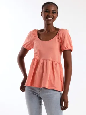 Ladies Short Sleeve Knit Peplum Top - Salmon