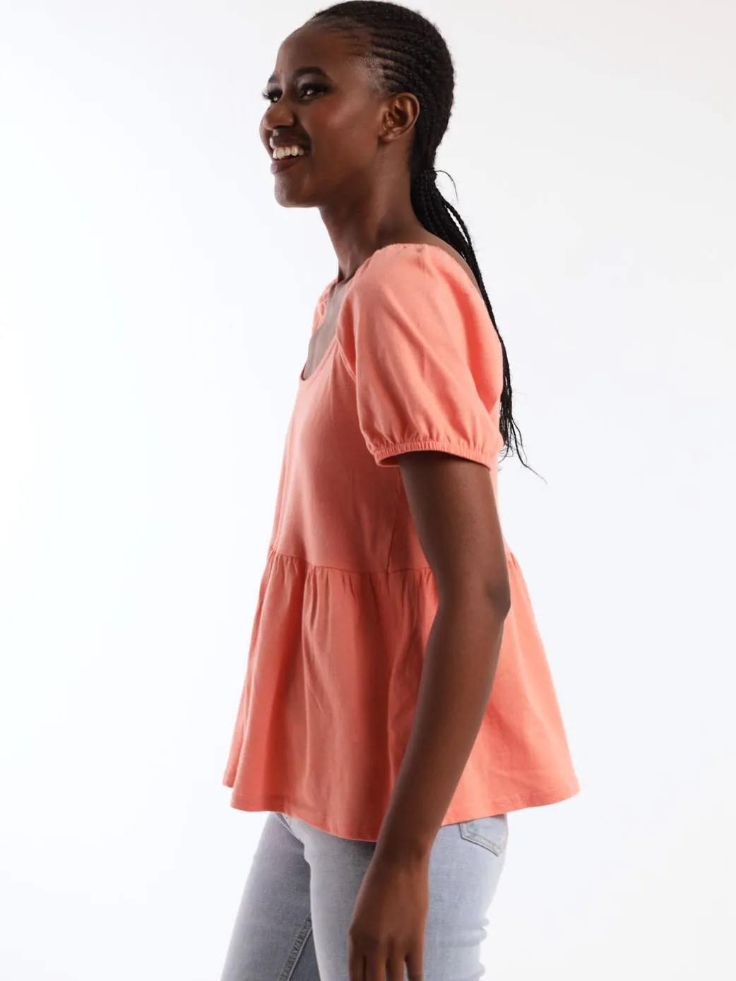 Ladies Short Sleeve Knit Peplum Top - Salmon