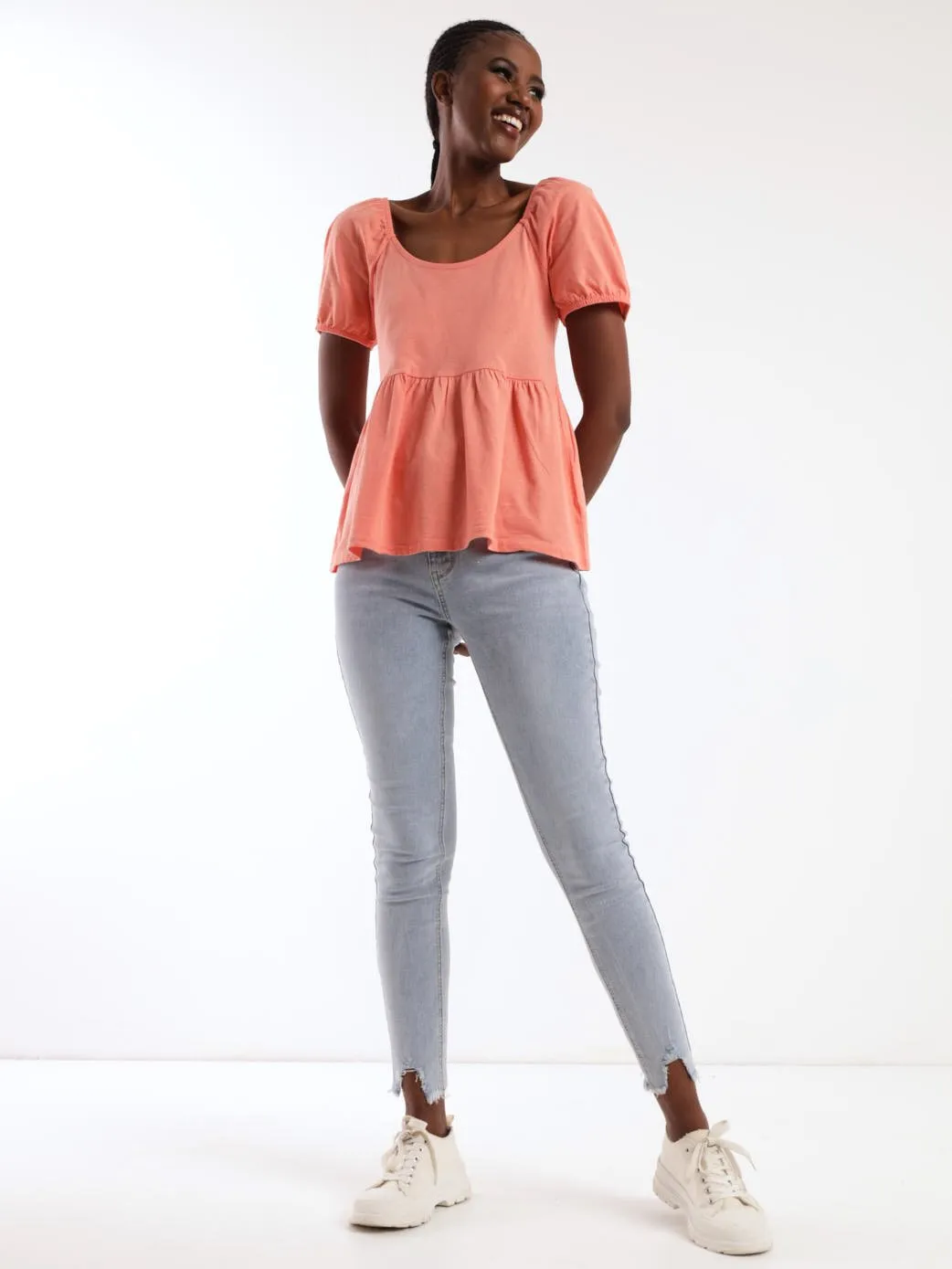Ladies Short Sleeve Knit Peplum Top - Salmon