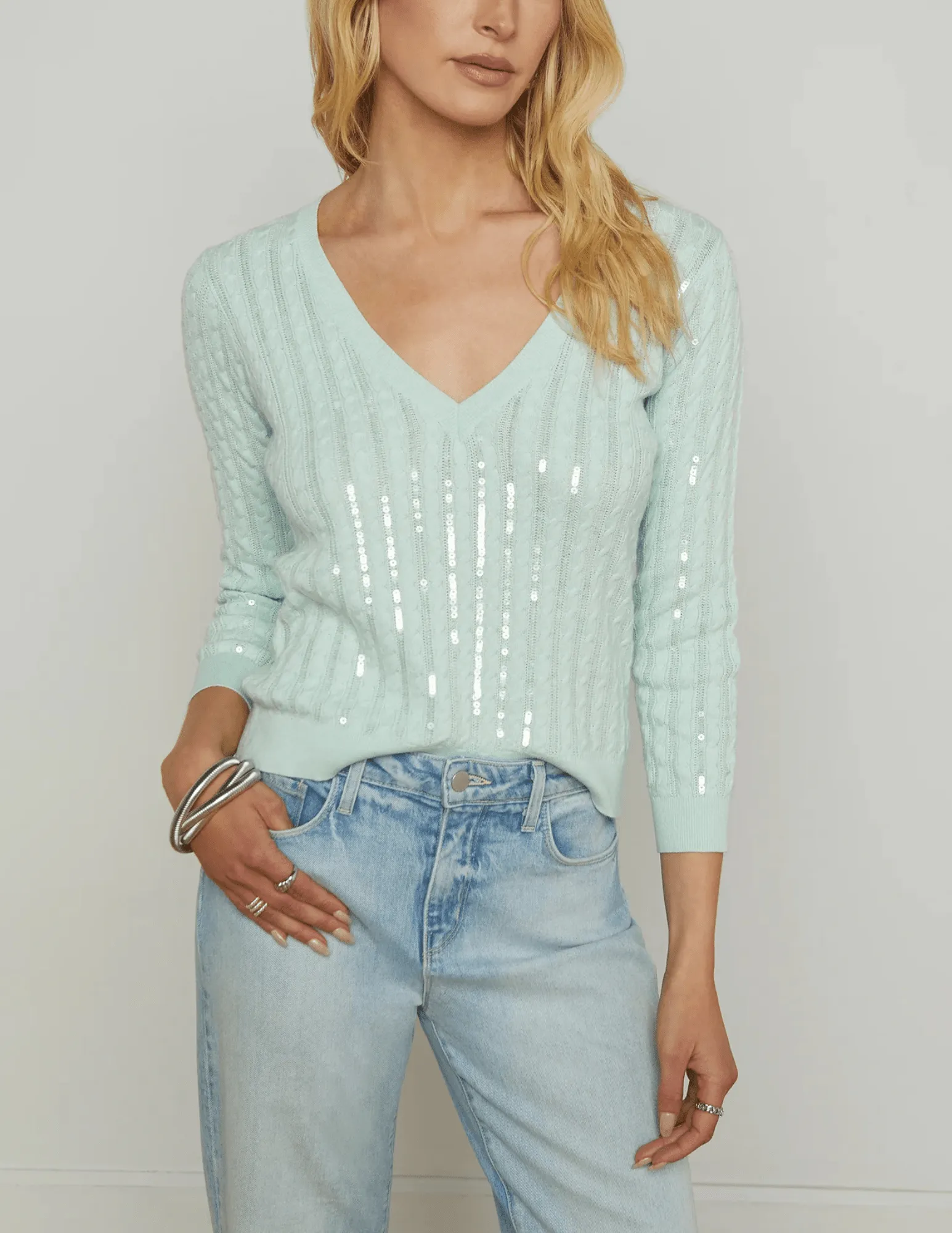 L'Agence Trinity Sequin Cable Knit Pullover