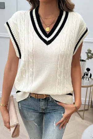 Light French Beige Colorblock V Neck Cap Sleeve Cable Knit Sweater