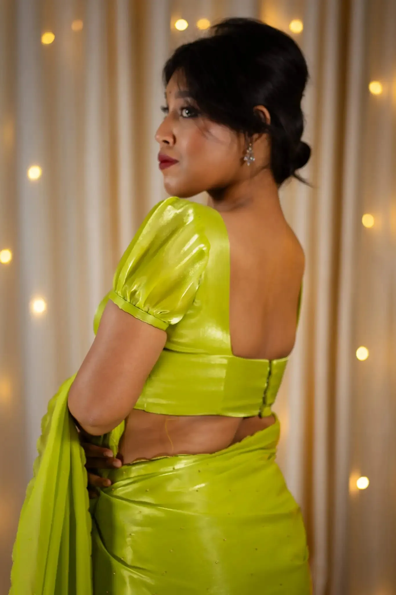 Lime Green Organza Puff Sleeve Blouse
