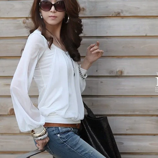 Long Sleeve Chiffon Blouse Fashion Women Black O-Neck Loose Blouses Shirts Casual Women's Clothing Top