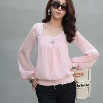 Long Sleeve Chiffon Blouse Fashion Women Black O-Neck Loose Blouses Shirts Casual Women's Clothing Top