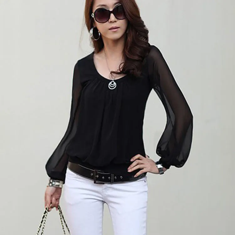 Long Sleeve Chiffon Blouse Fashion Women Black O-Neck Loose Blouses Shirts Casual Women's Clothing Top