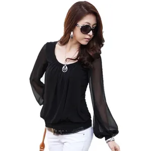 Long Sleeve Chiffon Blouse Fashion Women Black O-Neck Loose Blouses Shirts Casual Women's Clothing Top