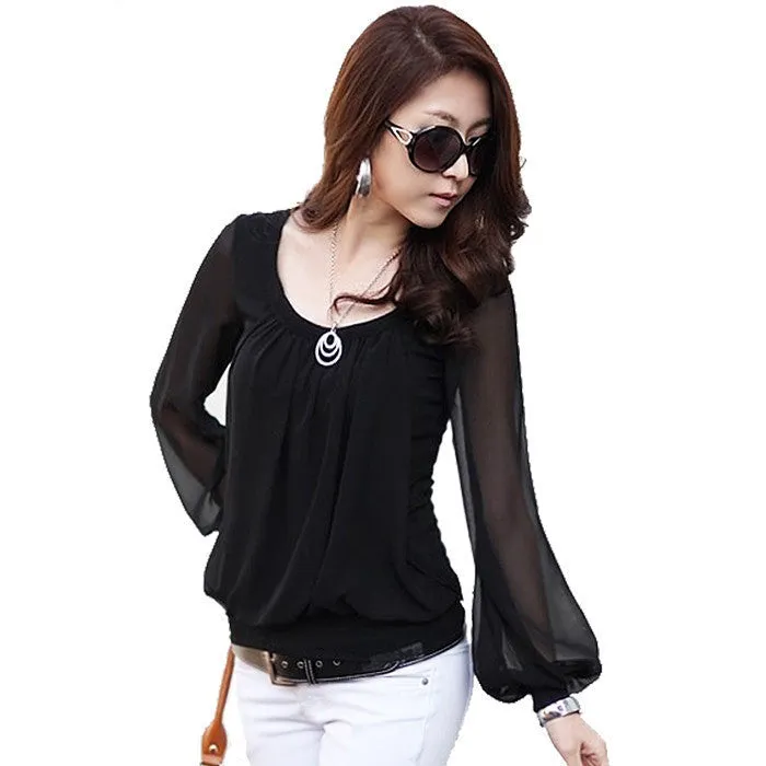 Long Sleeve Chiffon Blouse Fashion Women Black O-Neck Loose Blouses Shirts Casual Women's Clothing Top