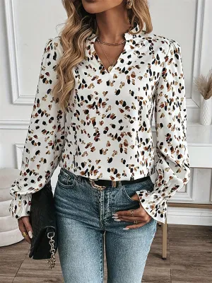 Long Sleeves Loose Elasticity Printed V-Neck Blouses&Shirts Tops