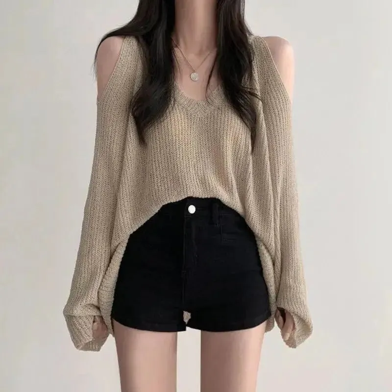 Loose Knit Sweater with Cut-Out Shoulders and V-Neckline