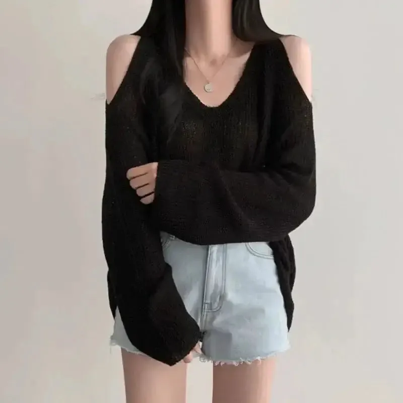 Loose Knit Sweater with Cut-Out Shoulders and V-Neckline
